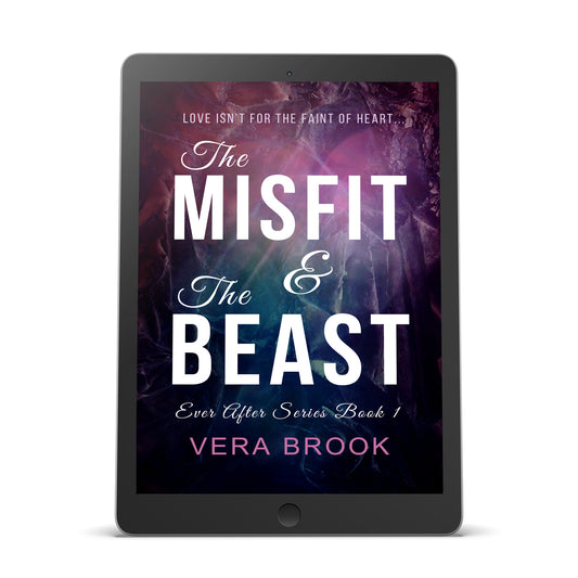 Ebook cover of THE MISFIT AND THE BEAST, a YA romance about first love and high school theater by Vera Brook. Book 1 in the Ever After Series. The cover is purple, with text in bold, white font. 