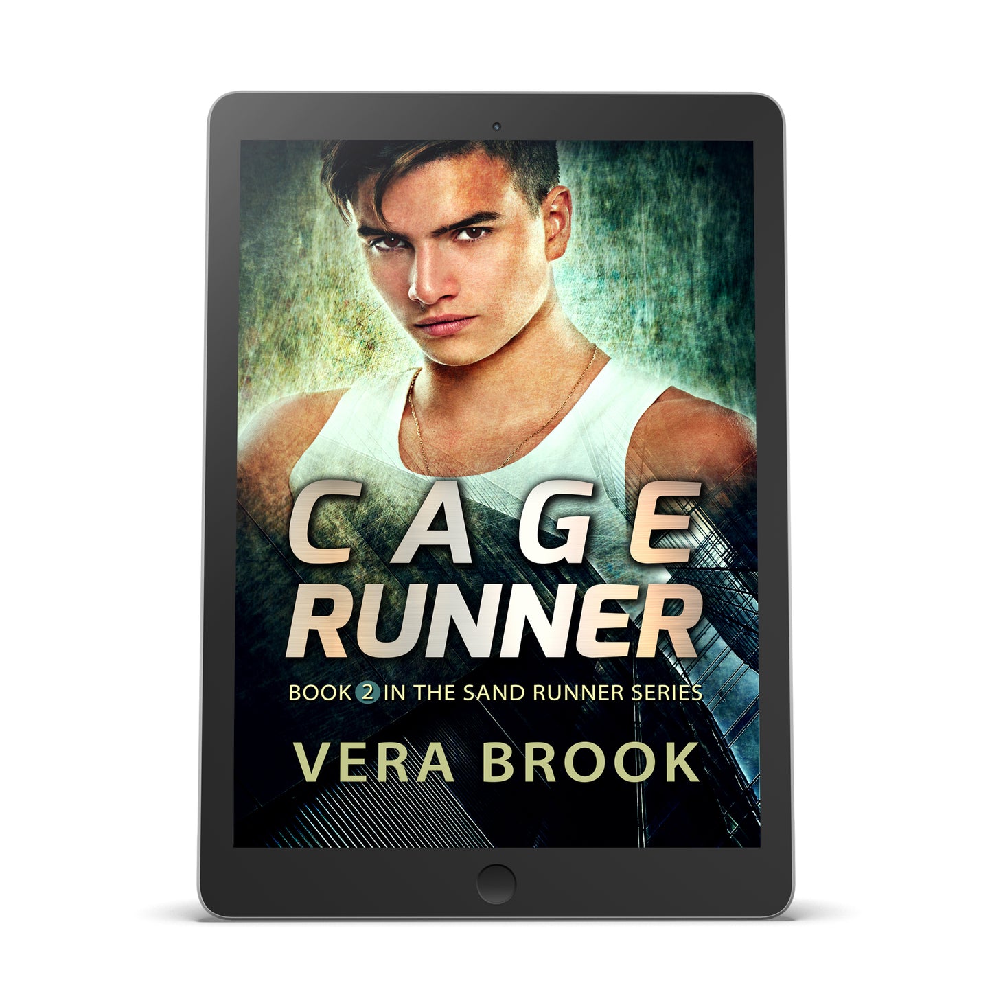 Ebook cover of CAGE RUNNER, a dystopian YA novel by Vera Brook. The cover shows an athletic, handsome, determined young man superimposed on an ominous-looking skyscraper and wire barrier, in dark greens and grays. The title is in block metallic letters.