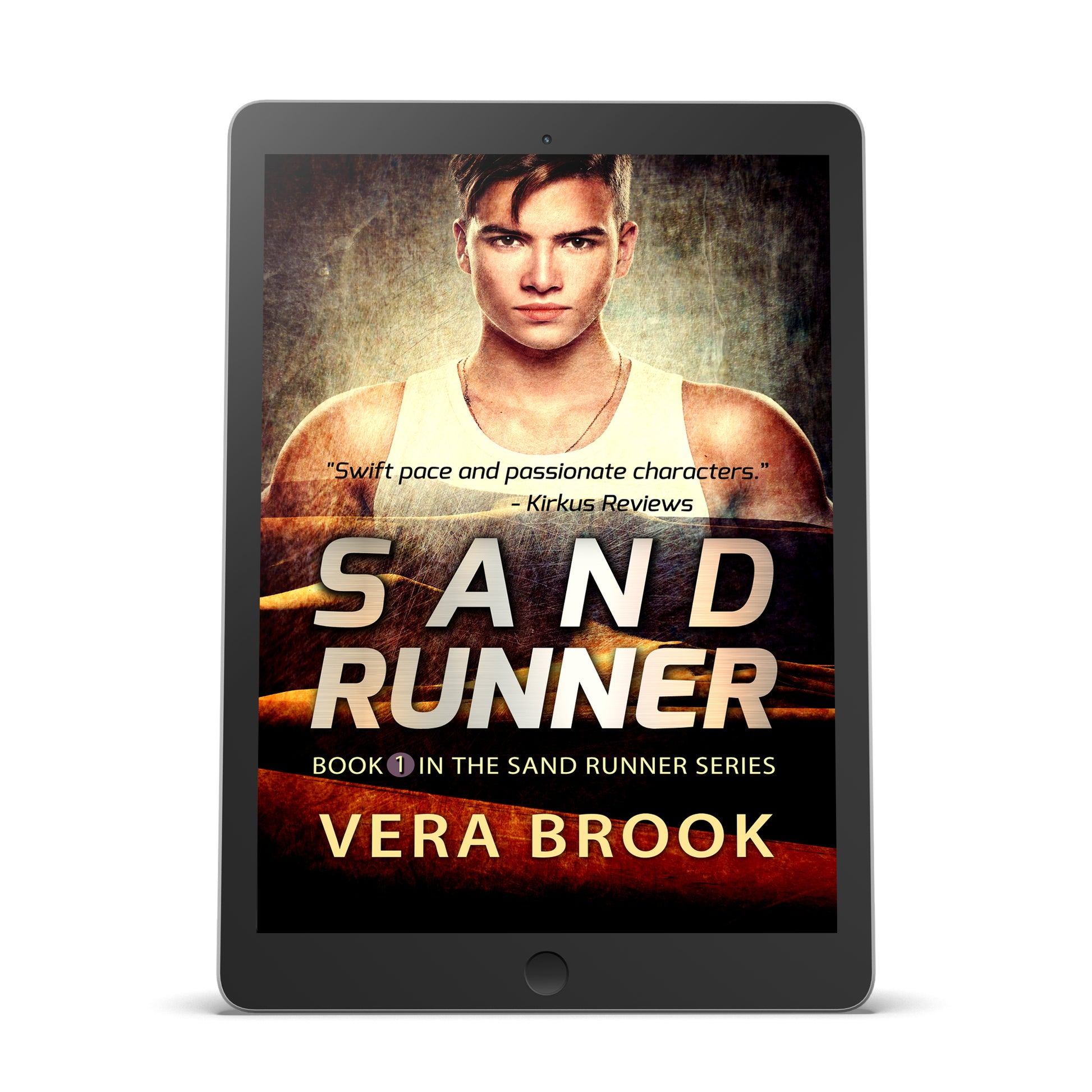 Ebook cover of SAND RUNNER, a YA dystopian novel by Vera Brook. SAND RUNNER is Book 1 in the Sand Runner Series. The cover shows an athletic, handsome, determined young man superimposed on a landscape of a harsh desert. The title is in block metallic letters.